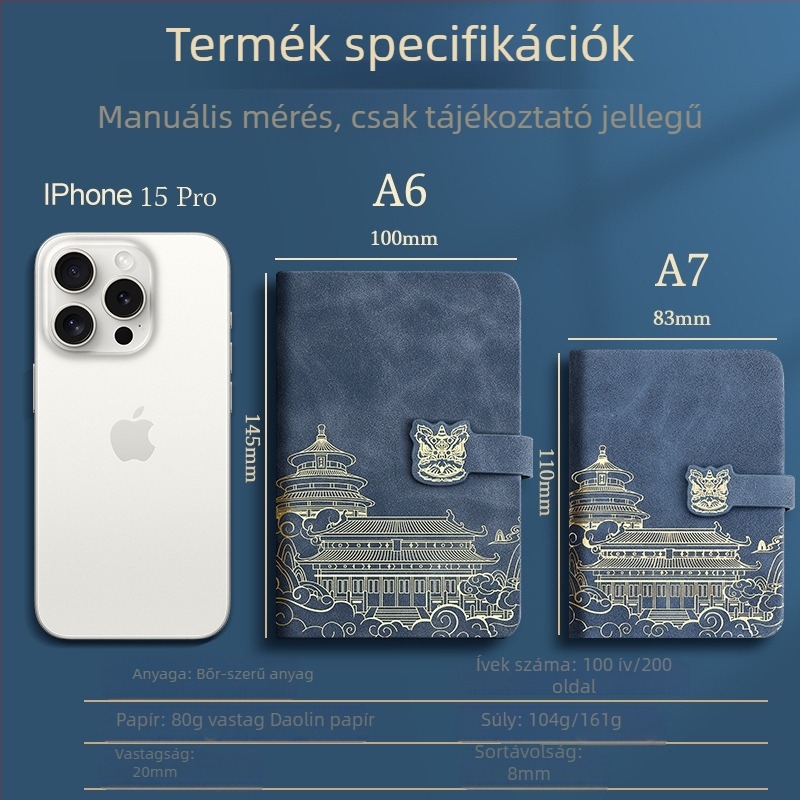Mini mágneszáras jegyzetfüzet kínai stílusban, zsebméretű, A6-A7, üres oldalú