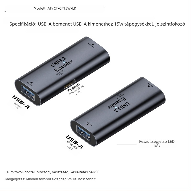 Type-C női USB-A 3.2 jelátviteli extender, USB 3.2 hosszabbító, akár 5 m-ig, 15W teljesítmény