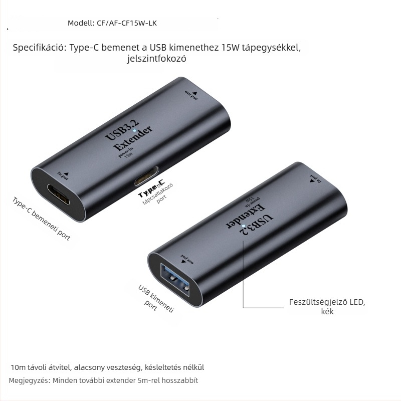Type-C női USB-A 3.2 jelátviteli extender, USB 3.2 hosszabbító, akár 5 m-ig, 15W teljesítmény