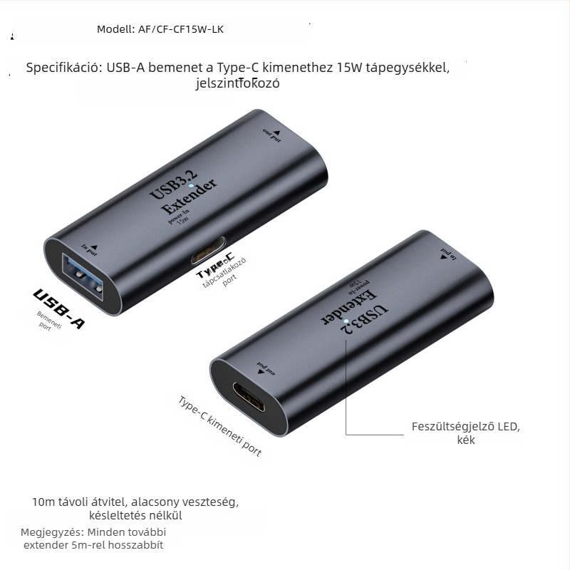 Type-C női USB-A 3.2 jelátviteli extender, USB 3.2 hosszabbító, akár 5 m-ig, 15W teljesítmény