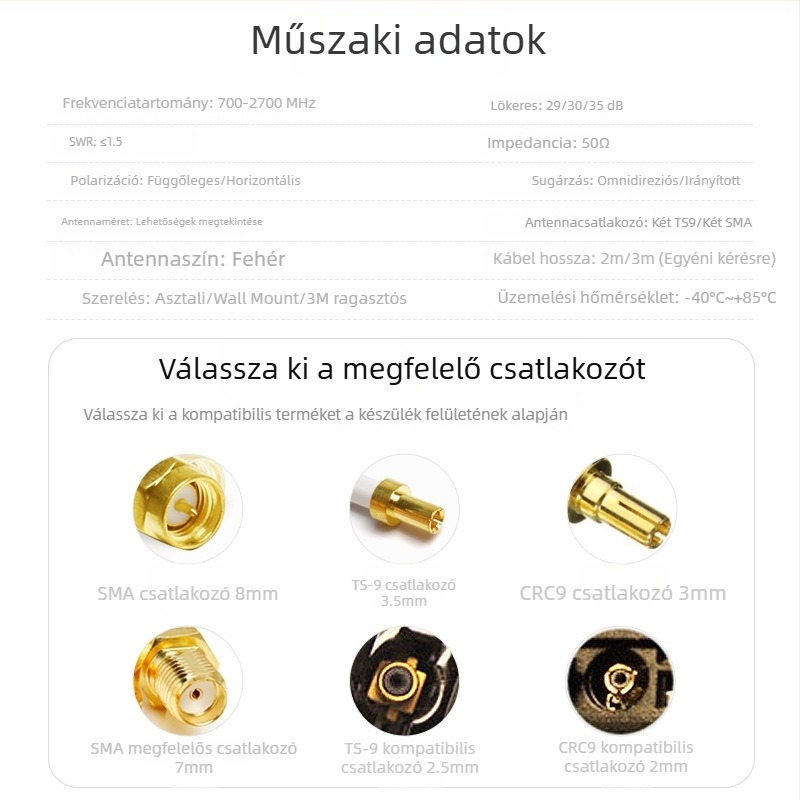 Tabletta antenna 4G hálózathoz, kettős polarization, omni irányú, külső nagy nyereségű, TS9 csatlakozó