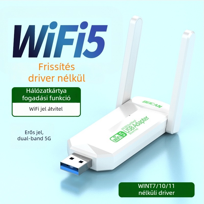 USB-s duál-sávos vezeték nélküli hálózati adapter, akár 1300 Mbps, 2,4/5 GHz, illesztőprogram nélkül, notebookhoz és asztali számítógéphez