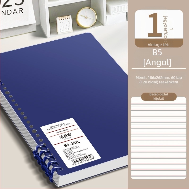 Gyűrűs kötésű notesz, minimalist design, 40 g/m² fa cellulóz papír, angol nyelvű szöveg