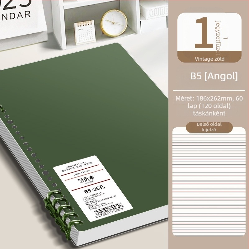 Gyűrűs kötésű notesz, minimalist design, 40 g/m² fa cellulóz papír, angol nyelvű szöveg