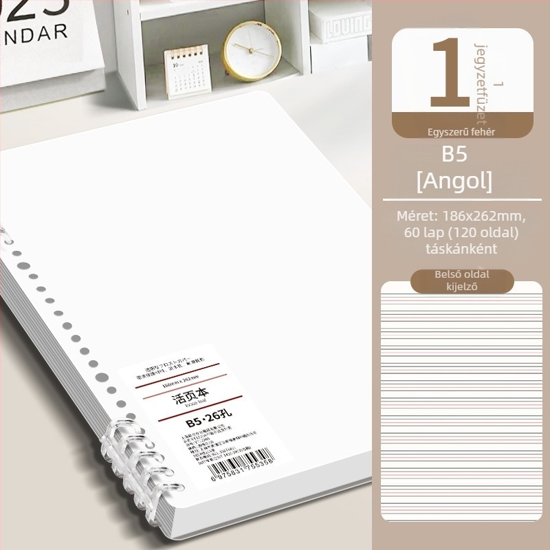 Gyűrűs kötésű notesz, minimalist design, 40 g/m² fa cellulóz papír, angol nyelvű szöveg