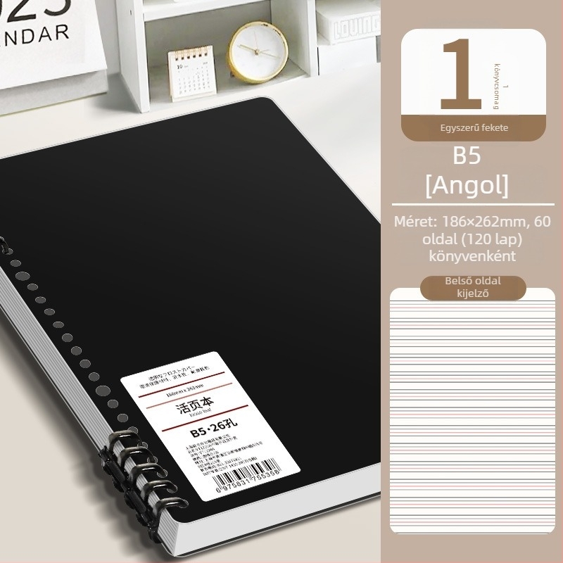 Gyűrűs kötésű notesz, minimalist design, 40 g/m² fa cellulóz papír, angol nyelvű szöveg