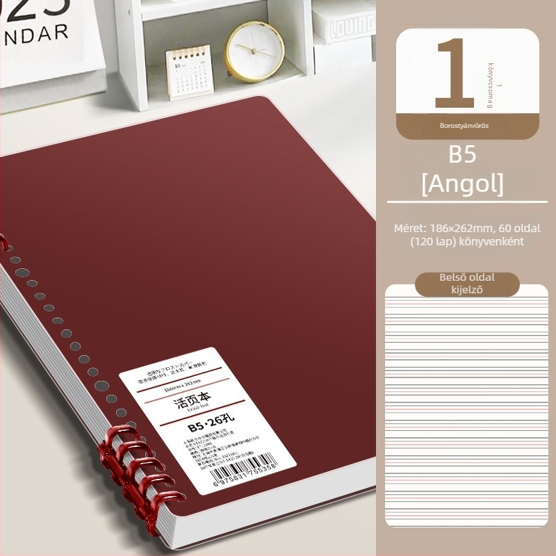 Gyűrűs kötésű notesz, minimalist design, 40 g/m² fa cellulóz papír, angol nyelvű szöveg