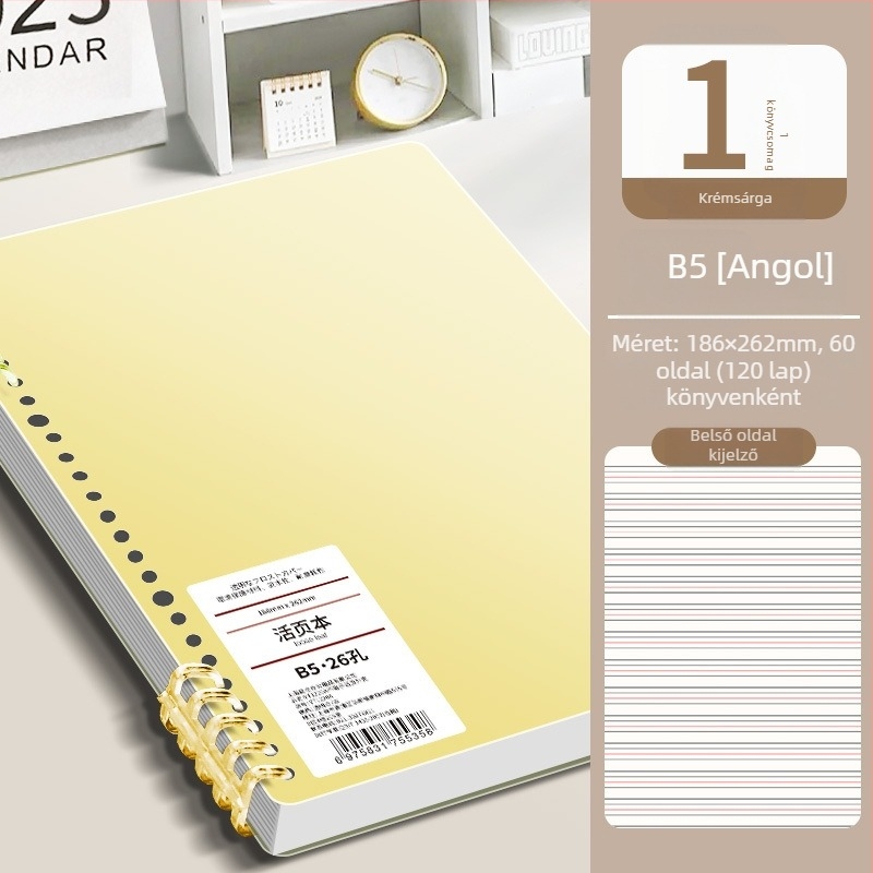 Gyűrűs kötésű notesz, minimalist design, 40 g/m² fa cellulóz papír, angol nyelvű szöveg