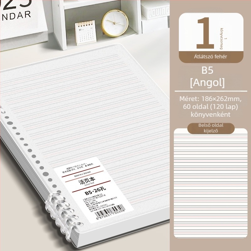 Gyűrűs kötésű notesz, minimalist design, 40 g/m² fa cellulóz papír, angol nyelvű szöveg