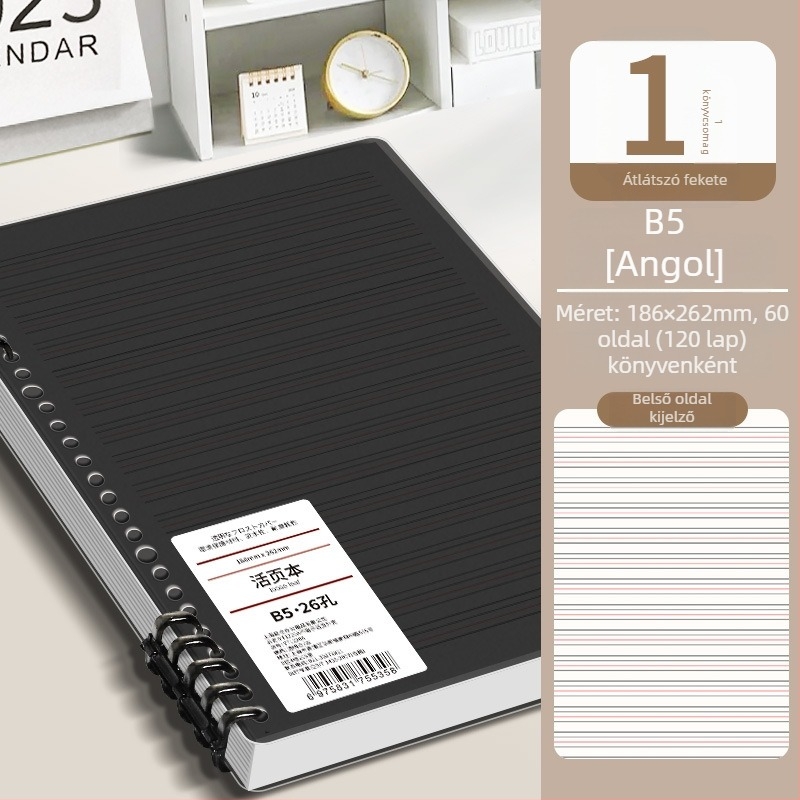 Gyűrűs kötésű notesz, minimalist design, 40 g/m² fa cellulóz papír, angol nyelvű szöveg