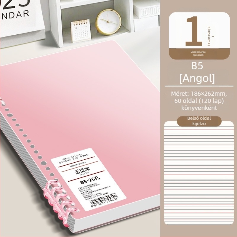 Gyűrűs kötésű notesz, minimalist design, 40 g/m² fa cellulóz papír, angol nyelvű szöveg
