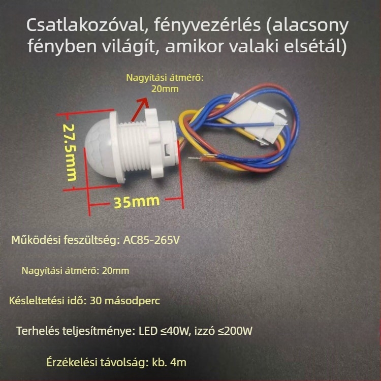 Beépíthető infravörös szenzor nappali fényérzékeléssel és testérzékeléssel, 85–265V, ~4 m érzékelési távolság, 30 s késleltetés