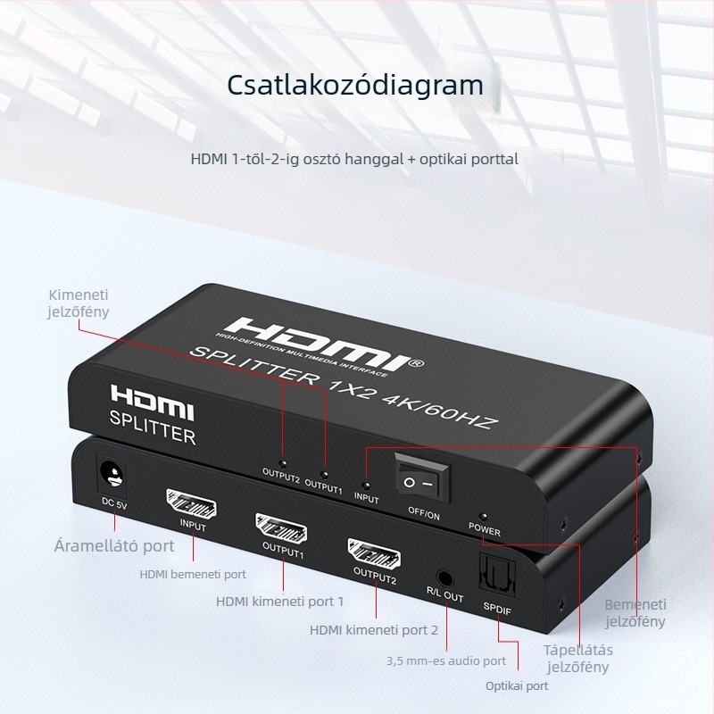 HDMI 2.0 1x4 HDMI osztó, hanggal és optikai szállal szétválasztással, 4K60Hz, energiaellátás kezelése