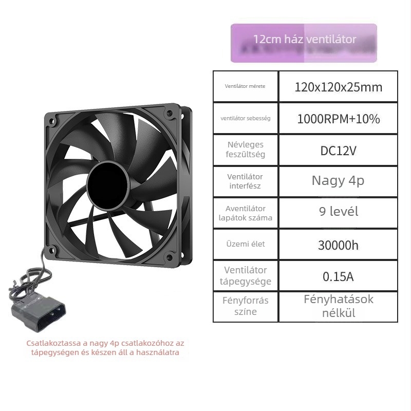Számítógép ház ventillátora, LED-mentes, csendes, hidraulikus csapágy, 4-pins interfész, 1100 RPM, levegőhűtés