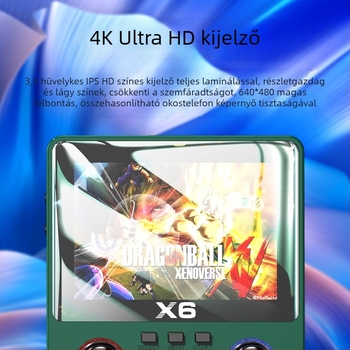 X6 hordozható játékkonzol HD nagy képernyővel, PSP-stílusú két joystick, emulátor nagy játékkönyvtárral, nosztalgikus kialakítás