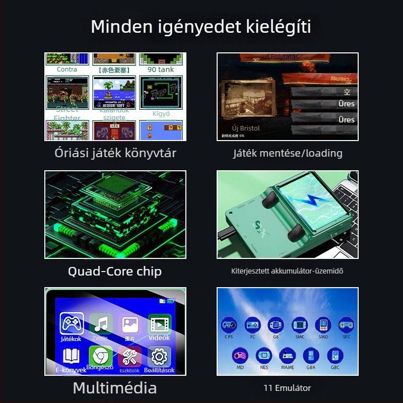 X6 hordozható játékkonzol HD nagy képernyővel, PSP-stílusú két joystick, emulátor nagy játékkönyvtárral, nosztalgikus kialakítás