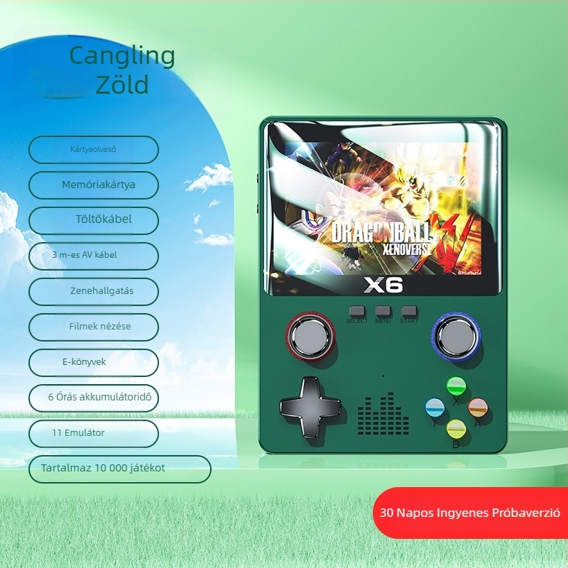 X6 hordozható játékkonzol HD nagy képernyővel, PSP-stílusú két joystick, emulátor nagy játékkönyvtárral, nosztalgikus kialakítás