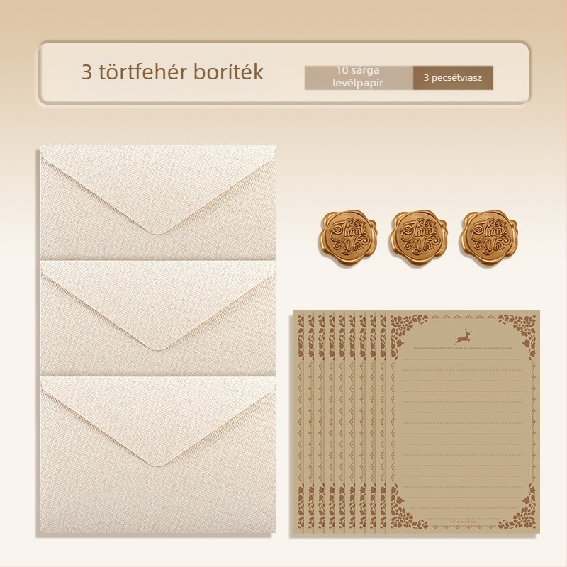 Boríték és levélpapír készlet, kraftpapír, kézzel írt levelek, elegáns vintage fehér lenvászon borítékok, ballagási képeslapok, készpénz ajándékhoz alkalmas