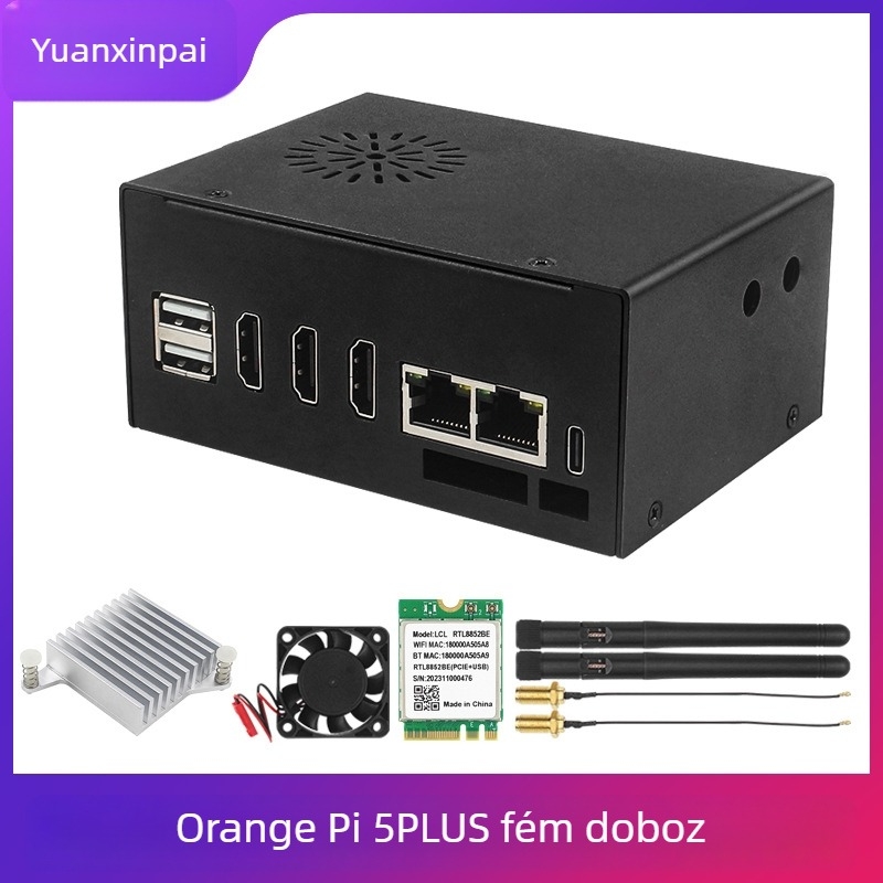 Orange Pi 5 Plus fémház ventivel és alumínium hűtőbordával, Bluetooth modul és antenna