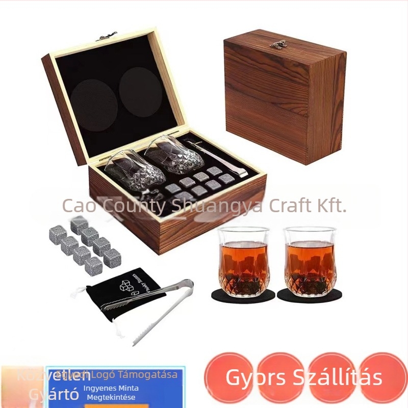 Whisky pohár készlet fa dobozban, modell 69, márka Double elegance, testreszabható belső kapacitás, hamisítás elleni jel