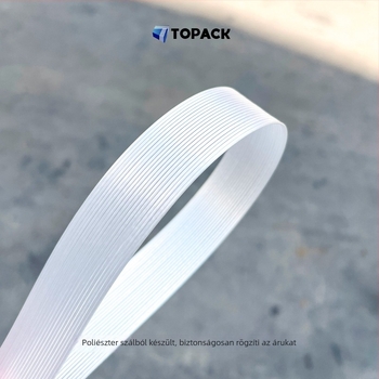Rugalmas csomagoló szalagok - Ipari osztály, Poliészter rostszál, Húzáserő 1200 kg, Belső tekercs átmérője 200 mm, Topack