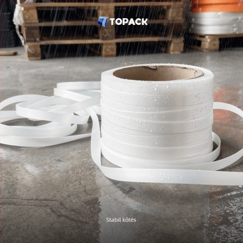 Rugalmas csomagoló szalagok - Ipari osztály, Poliészter rostszál, Húzáserő 1200 kg, Belső tekercs átmérője 200 mm, Topack