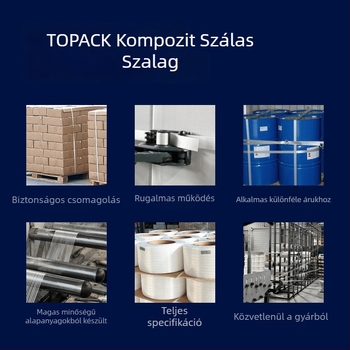 Rugalmas csomagoló szalagok - Ipari osztály, Poliészter rostszál, Húzáserő 1200 kg, Belső tekercs átmérője 200 mm, Topack