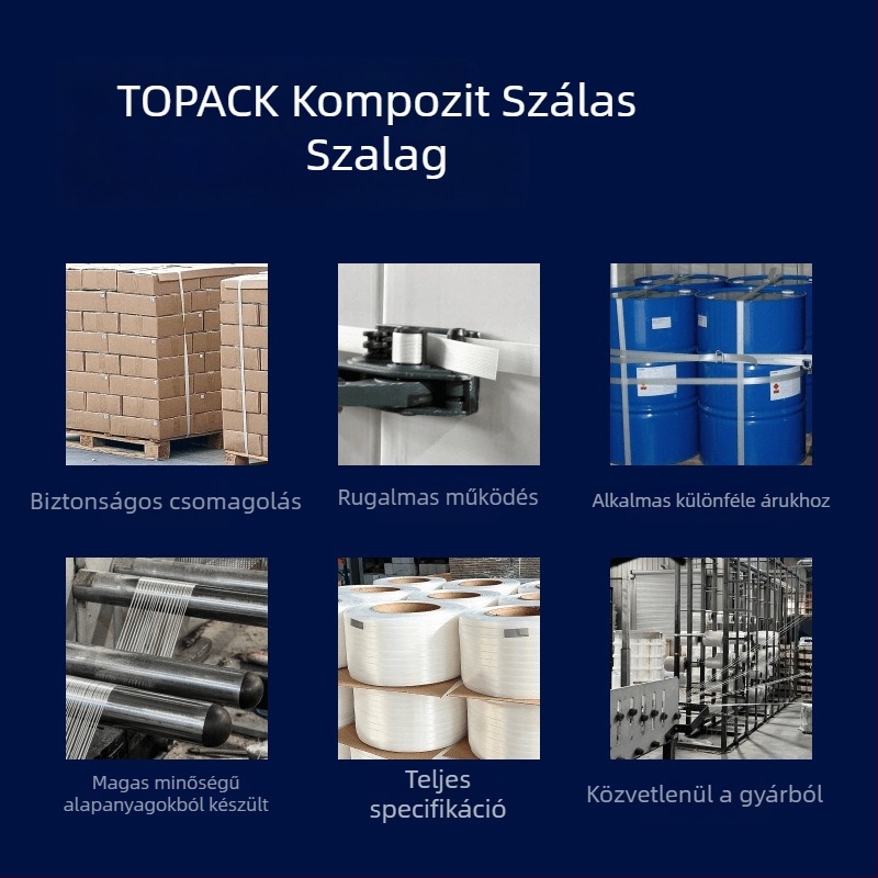 Rugalmas csomagoló szalagok - Ipari osztály, Poliészter rostszál, Húzáserő 1200 kg, Belső tekercs átmérője 200 mm, Topack