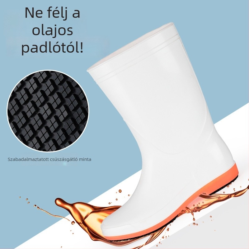 Konyhai PVC magas szárú esőcsizma – csúszásmentes, vízálló és olajálló, professzionális szakács cipő gumírozott talppal