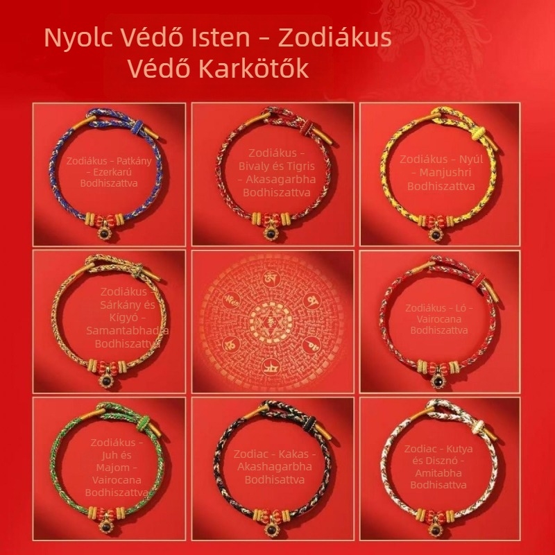 Piros madzagból készült karkötő a Ló éve alkalmából, nyolc védőisten, 12 zodiákus gyöngy, mikrofaragott és projekciós gyöngyök, kézzel kötve.