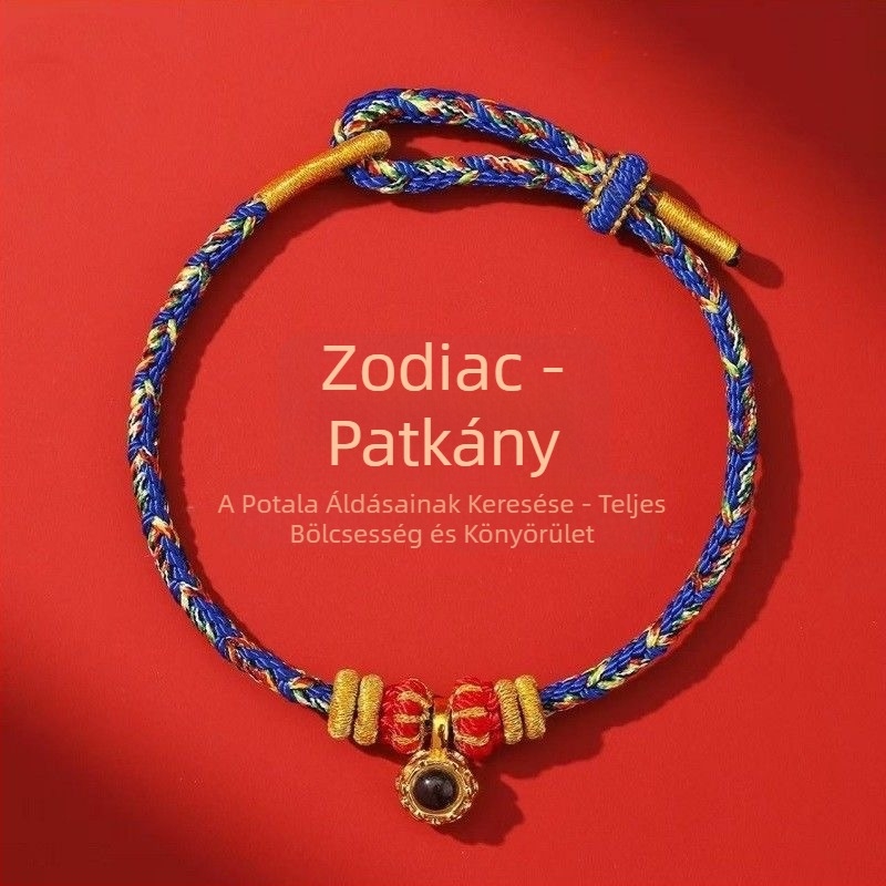 Piros madzagból készült karkötő a Ló éve alkalmából, nyolc védőisten, 12 zodiákus gyöngy, mikrofaragott és projekciós gyöngyök, kézzel kötve.