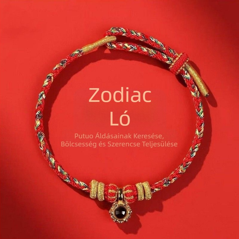 Piros madzagból készült karkötő a Ló éve alkalmából, nyolc védőisten, 12 zodiákus gyöngy, mikrofaragott és projekciós gyöngyök, kézzel kötve.