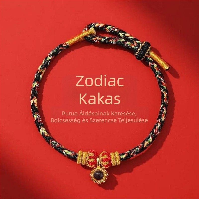 Piros madzagból készült karkötő a Ló éve alkalmából, nyolc védőisten, 12 zodiákus gyöngy, mikrofaragott és projekciós gyöngyök, kézzel kötve.
