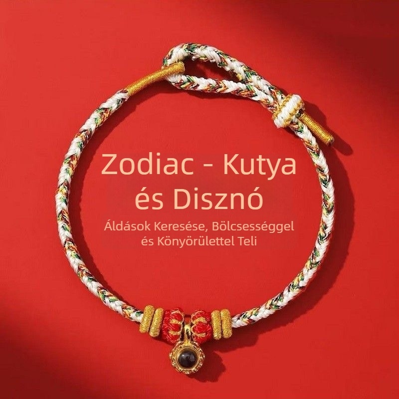 Piros madzagból készült karkötő a Ló éve alkalmából, nyolc védőisten, 12 zodiákus gyöngy, mikrofaragott és projekciós gyöngyök, kézzel kötve.