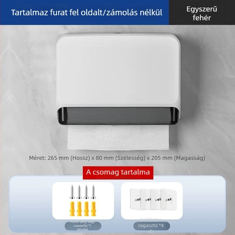 ABS falra szerelhető papírzsepi tartó, lyukasztás nélküli, vízálló, multifunkcionális, modell 4015