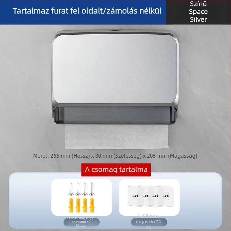 ABS falra szerelhető papírzsepi tartó, lyukasztás nélküli, vízálló, multifunkcionális, modell 4015