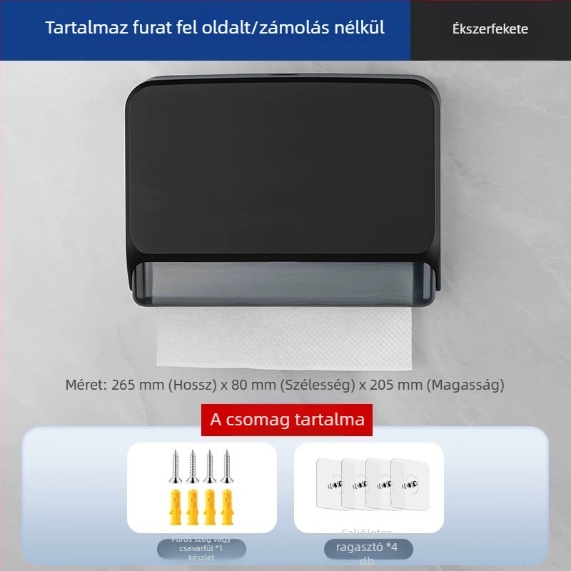 ABS falra szerelhető papírzsepi tartó, lyukasztás nélküli, vízálló, multifunkcionális, modell 4015