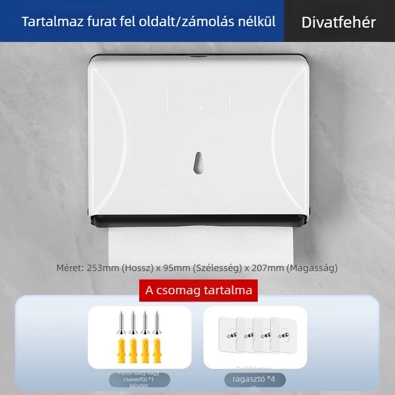 ABS falra szerelhető papírzsepi tartó, lyukasztás nélküli, vízálló, multifunkcionális, modell 4015