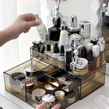 Sminktároló doboz fiókokkal, átlátszó PS anyag, modell All-in-one amber cosmetic case, 18 L kapacitás
