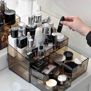 Sminktároló doboz fiókokkal, átlátszó PS anyag, modell All-in-one amber cosmetic case, 18 L kapacitás