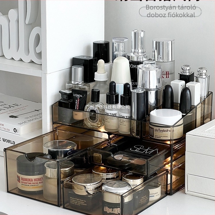Sminktároló doboz fiókokkal, átlátszó PS anyag, modell All-in-one amber cosmetic case, 18 L kapacitás