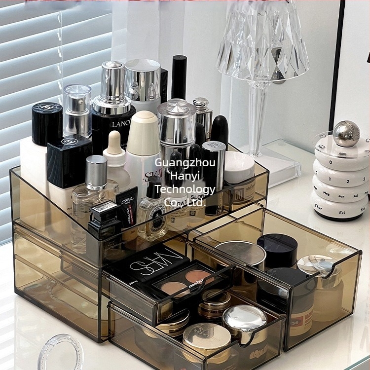 Sminktároló doboz fiókokkal, átlátszó PS anyag, modell All-in-one amber cosmetic case, 18 L kapacitás