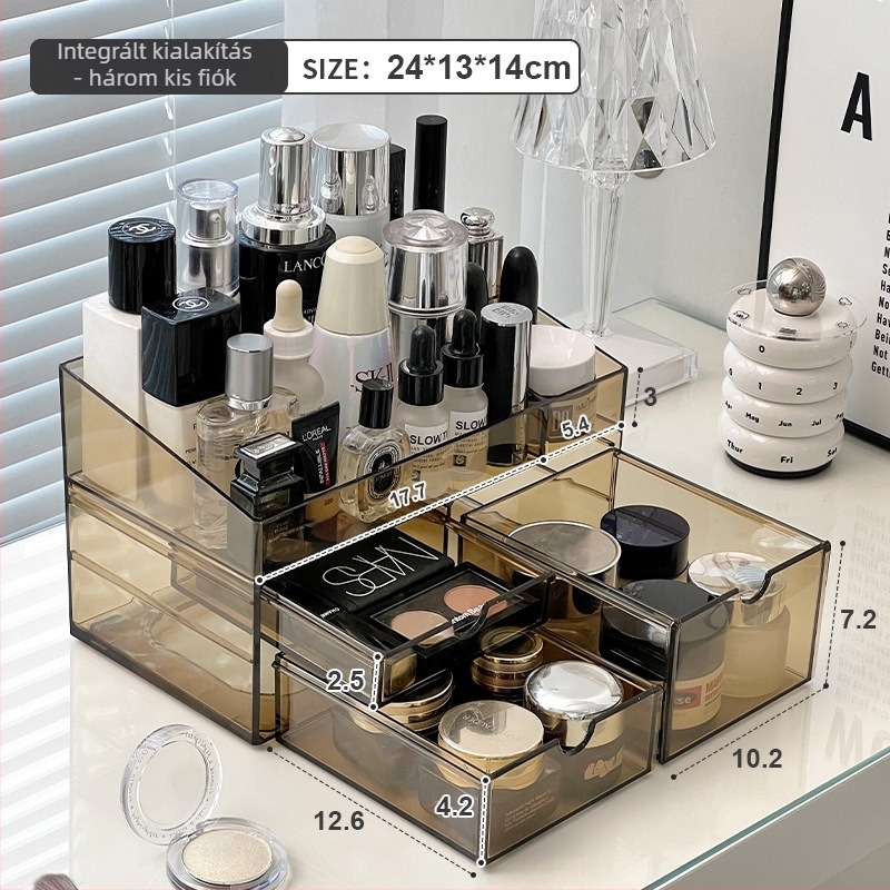 Sminktároló doboz fiókokkal, átlátszó PS anyag, modell All-in-one amber cosmetic case, 18 L kapacitás