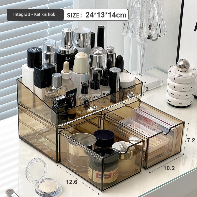 Sminktároló doboz fiókokkal, átlátszó PS anyag, modell All-in-one amber cosmetic case, 18 L kapacitás