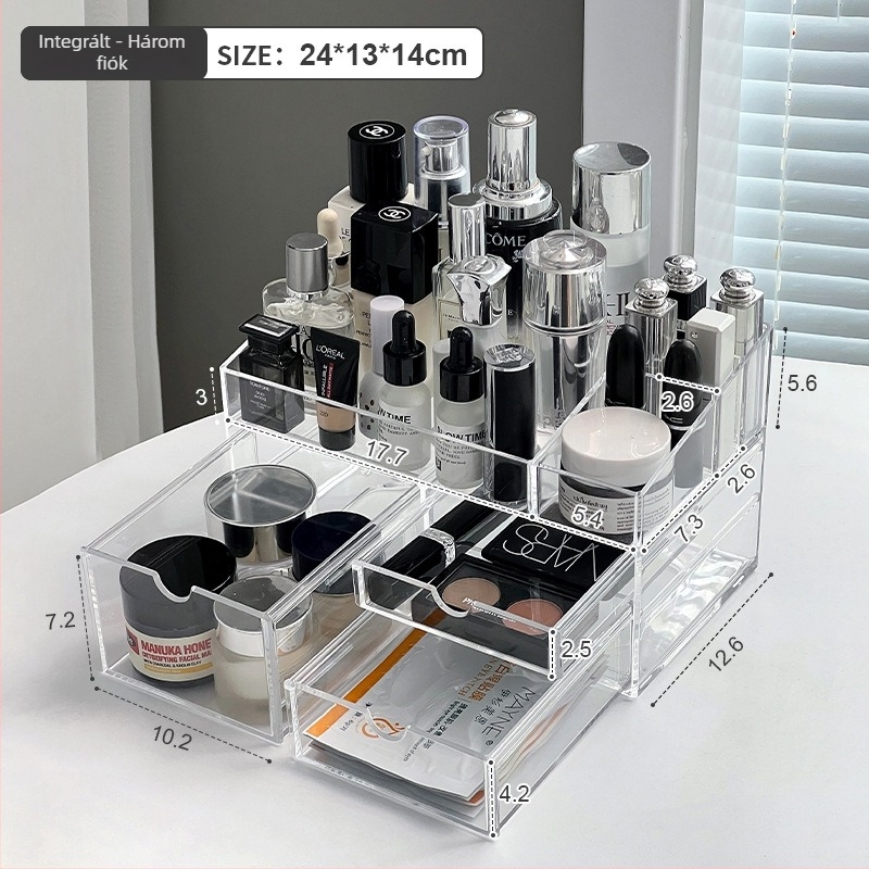 Sminktároló doboz fiókokkal, átlátszó PS anyag, modell All-in-one amber cosmetic case, 18 L kapacitás