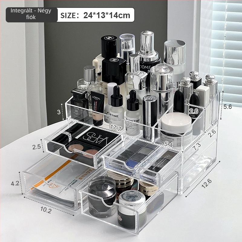 Sminktároló doboz fiókokkal, átlátszó PS anyag, modell All-in-one amber cosmetic case, 18 L kapacitás
