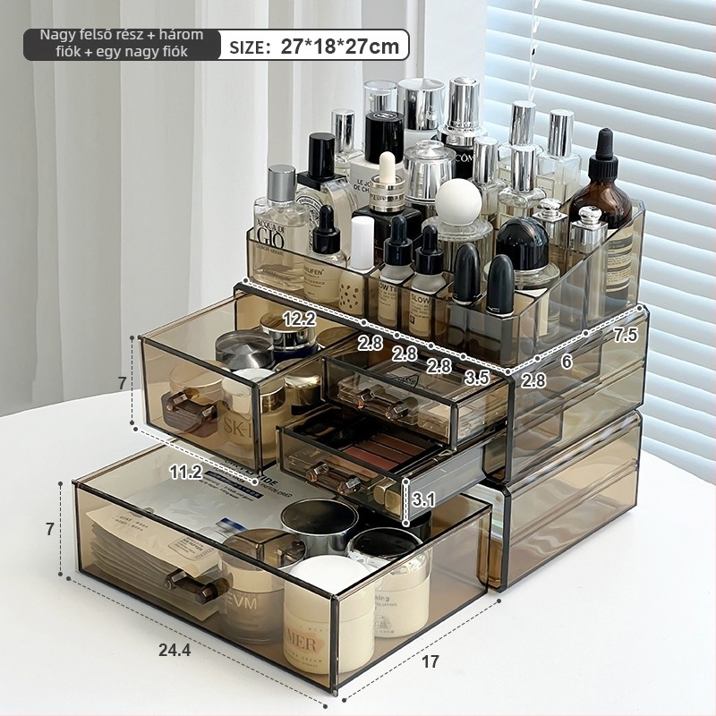 Sminktároló doboz fiókokkal, átlátszó PS anyag, modell All-in-one amber cosmetic case, 18 L kapacitás