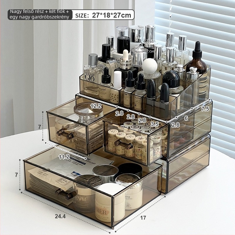 Sminktároló doboz fiókokkal, átlátszó PS anyag, modell All-in-one amber cosmetic case, 18 L kapacitás