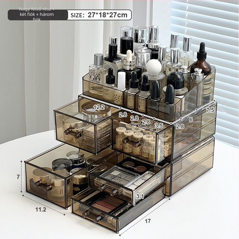 Sminktároló doboz fiókokkal, átlátszó PS anyag, modell All-in-one amber cosmetic case, 18 L kapacitás
