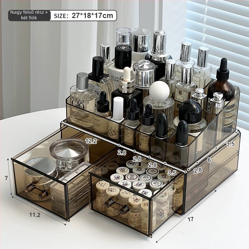 Sminktároló doboz fiókokkal, átlátszó PS anyag, modell All-in-one amber cosmetic case, 18 L kapacitás